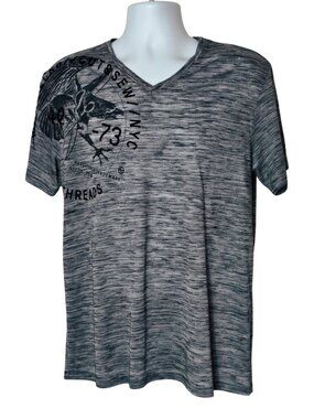 Marc Ecko Mens L V-Neck Tee Gray L Short Sleeve Casual Sew & Cut Graphic Preppy